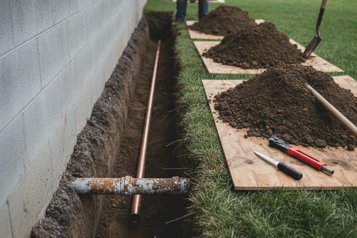 Excavated water line trench during Water Softener Installation in Poteau